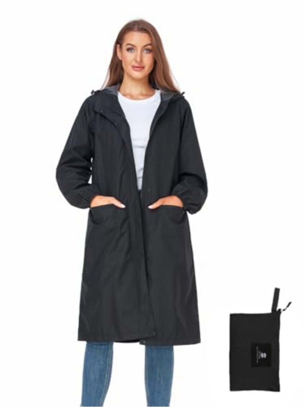 Waterproof Long Raincoat Knee Length Packable Hooded Rain Jacket